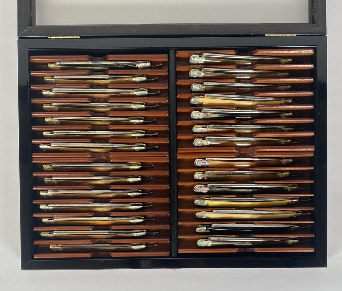GENTLEMAN'S STRAIGHT RAZOR COLLECTION: DISPLAYED IN THIERS-ISSARD HAND-CRAFTED BOX - FRANCE. INCLUDES F.W. ENGELS (MAJORITY), GANSTFORST, J.W. THOMPSON, M. JUNG, C. LUTTERS & CO., SIMMONS HDWE, GENEVA CUTTLERY.