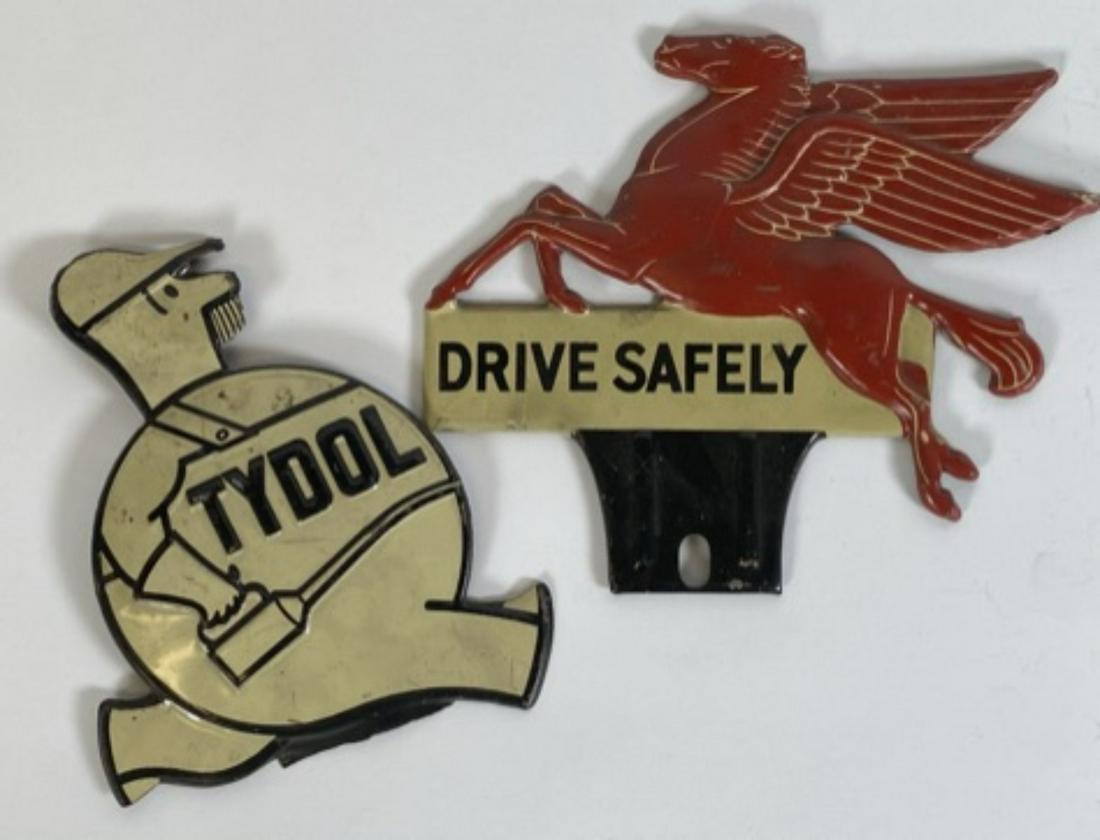 PAIR OF AUTO TAG TOPPERS: ORIGINAL VINTAGE MOBIL DRIVE SAFELY AND TYDOL.