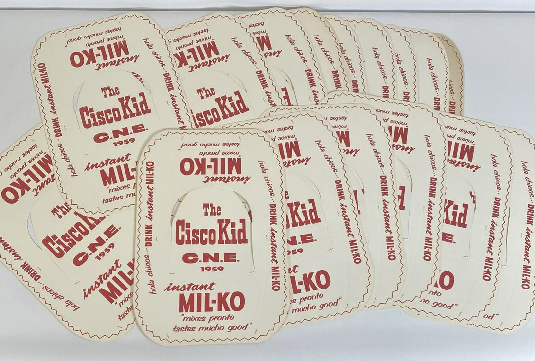 CISCO KID, 1959 ADVERTISING COWBOY HATS: NEW OLD STOCK, ENGINEERED PAPER COWBOY HATS PROMOTING THE CISCO KID, 1959, INSTANT MIL-KO. 22 PIECES IN LOT.