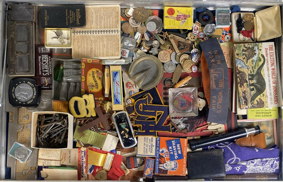 GENTLEMAN'S JUNK DRAWER LOT: TECHNICALLY, THIS IS MANY JUNK DRAWERS…THIS LOT IS LOADED. INCLUDES PRINTER PLATES, KNIVES, PLAYING CARDS, WORLD'S FAIR, SHAVE KIT, BILLBOARD DATE BOOK, PINBACKS, AWARD RIBBONS AND MUCH MORE.