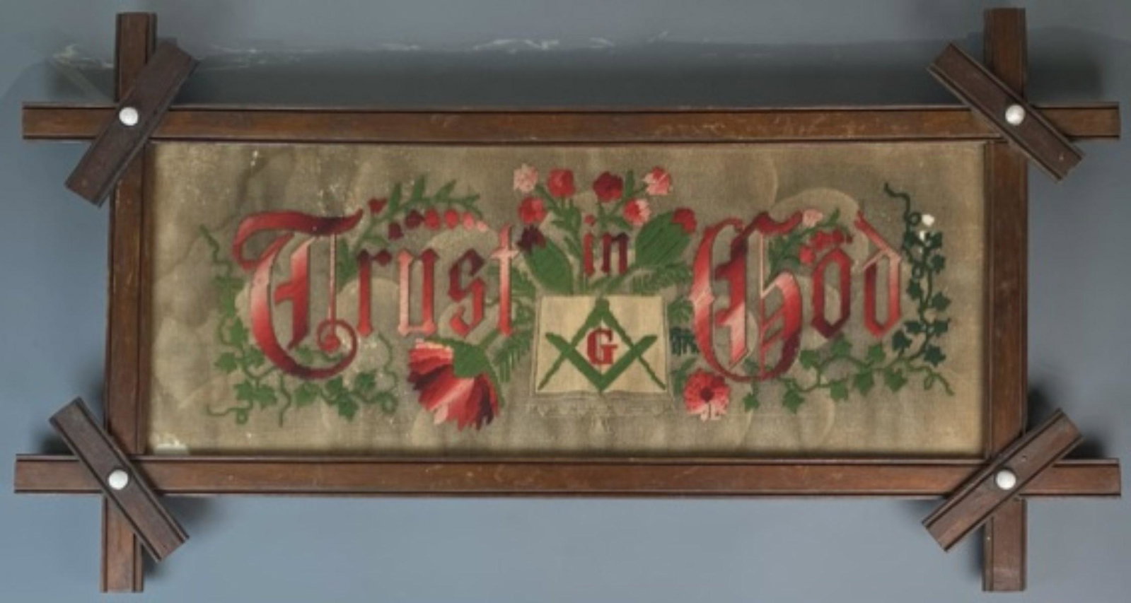 ANTIQUE MASONIC FRAMED NEEDLEPOINT: BEARING "TRUST IN GOD". 27"X15"
