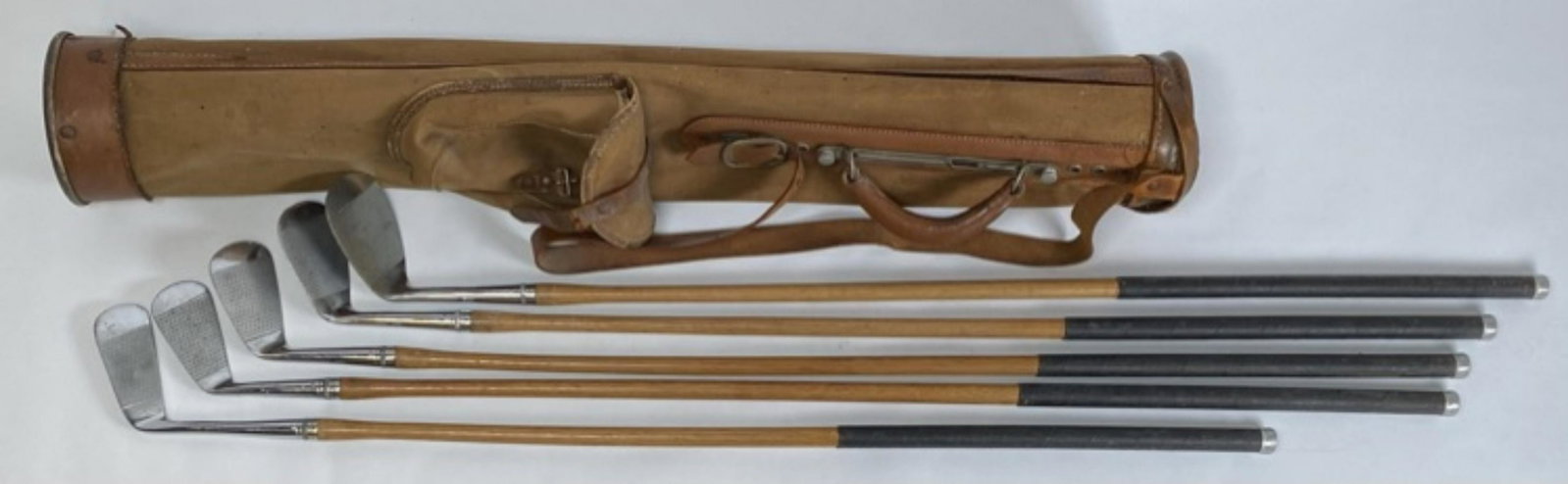 SET OF HICKORY SHAFT WOODEN GOLF CLUBS: WITH ORIGINAL CANVAS/LEATHER BAG