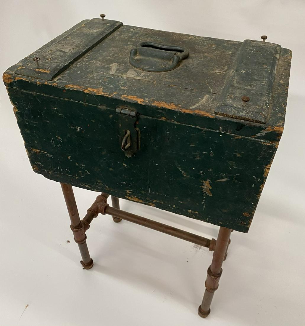 CARPENTER'S TOOL CHEST ON STAND: WITH CONTENTS. 16"X10"X24"