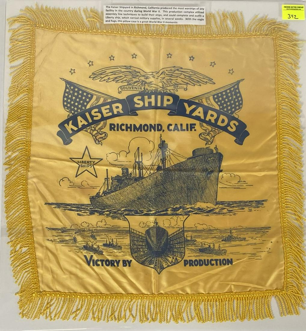 WWII PERIOD KAISER SHIPYARDS PILLOW COVER: KAISER PRODUCED MORE WARSHHIPS THAN ANY OTHER IN THE COUNTRY DURING WWII. FEATURING EAGLE AND FLAGS. 20"X20"