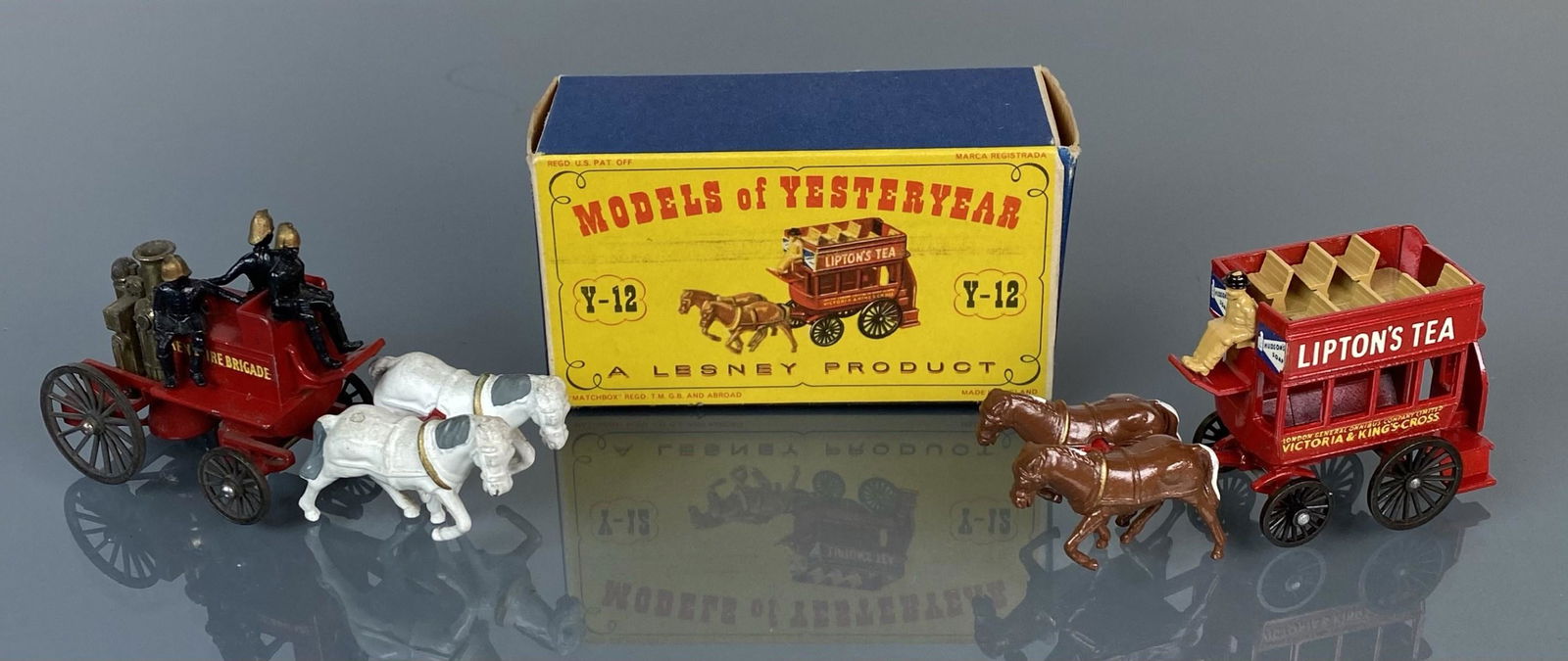 PAIR - LESNEY MODELS OF YESTERYEAR: LIPTON'S TEA WITH BOX, KENT FIRE BRIGADE. 100:1 SCALE