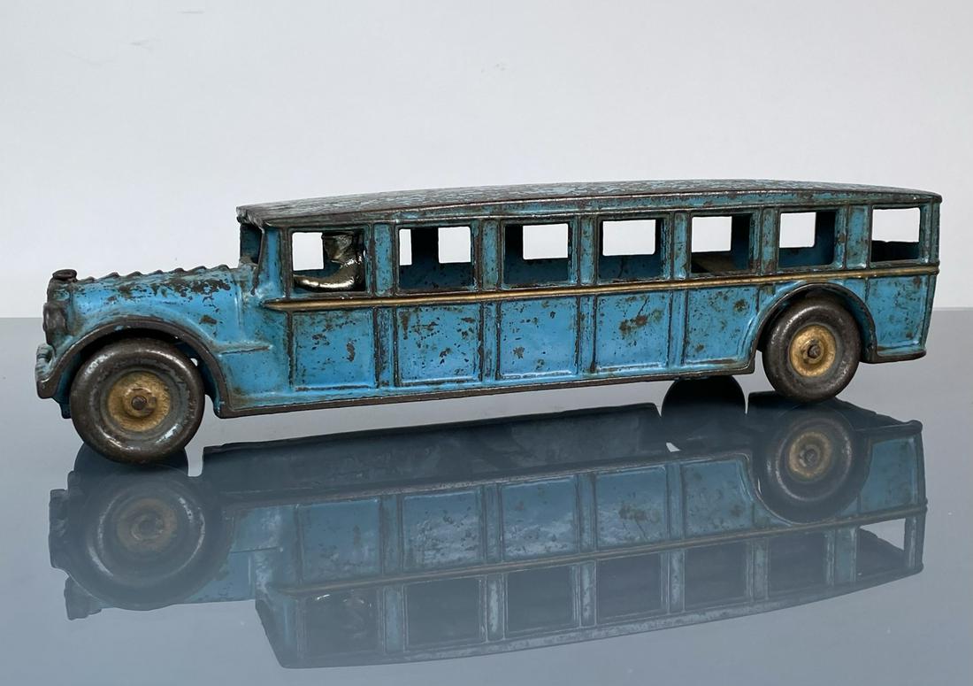 ARCADE CAST IRON FAGEOL SAFETY COACH BUS: ORIGNAL PAINT, WEAR. 12"X3"X3"