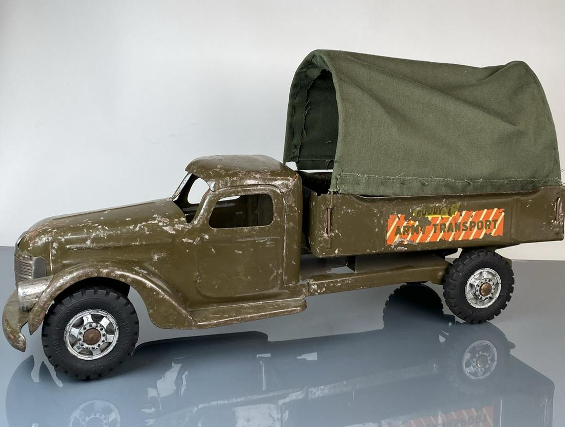 LARGE BUDDY-L PRESSED STEEL ARMY TRANSPORT: WITH CANVAS COVER. 21"X6"X11"