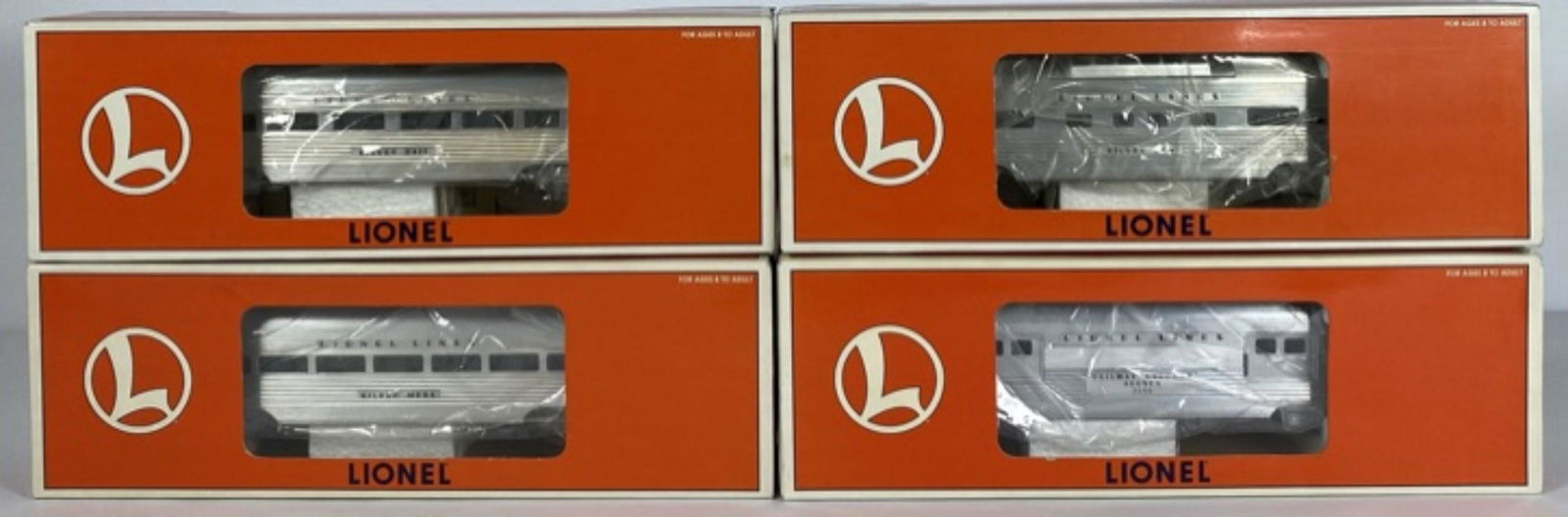 LIONEL TRAIN ALUMINUM CAR GROUPING: #6-19163 OBSERVATION, 6-19162 VISTA DOME, 6-19161 COACH, 6-19160 BAGGAGE. LIKE NEW IN BOX