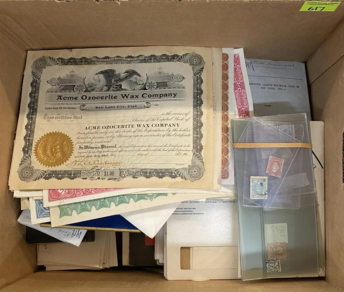 ACCUMULATION OF WORLD POSTAGE STAMPS/PAPER: STOCK CERTIFICATES, LOOSE, CONFEDERATE ERA STAMPS, COVERS, EPHEMERA. 18 POUNDS.