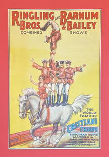 RINGLING BROS. & BARNUM & BAILEY CIRCUS POSTER: ERIE LITHO, C.1940'S. FEATURING THE CRISTIANI TROUPE. ONE SHEET, FRAMED (NO GLASS) AND MOUNTED ON FOAM BOARD.