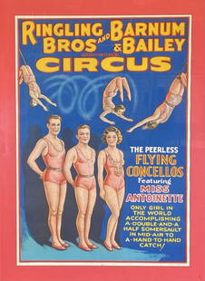 RINGLING BROS. & BARNUM & BAILEY CIRCUS POSTER: ERIE LITHO, C.1940'S. FEATURING THE FLYING CONCELLOS. ONE SHEET, FRAMED, MATTED, MOUNTED ON FOAM BOARD.