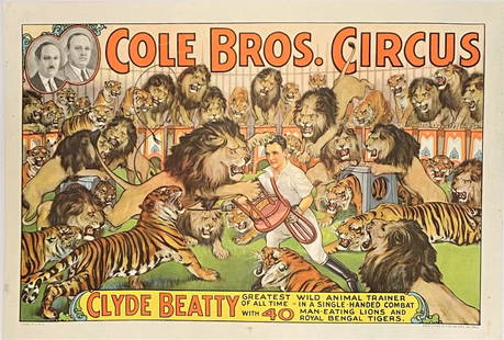 COLE BROS. CIRCUS POSTER: ERIE LITHO, 1935. FEATURING CLYDE BEATTY WITH 40 BIG CATS. HALF SHEET. LINEN BACKED, EXCELLENT.