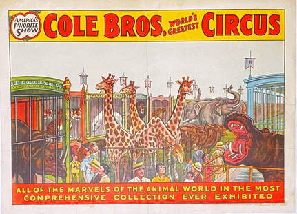 COLE BROS. CIRCUS POSTER: ERIE LITHO, C.1941. MENAGERIE SCENE FEATURING MARVELS OF THE ANIMAL WORLD. HALF SHEET, LINEN BACKING, EXCELLENT.