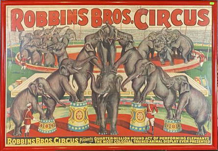 ROBBINS BROS. CIRCUS POSTER: 1940'S. FEATURING QUARTER-MILLION POUNDS ACT OF PERFORMING ELEPHANTS. ONE SHEET, TEARS, TAPE REPAIR, FRAMED. HAS NOT BEEN EXAMINED OUTSIDE OF FRAME.