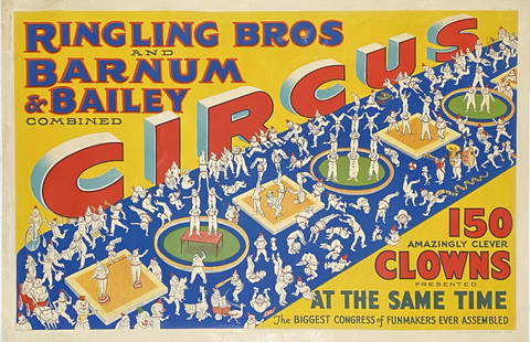 RINGLING BROS. & BARNUM & BAILEY CIRCUS POSTER: ERIE LITHO. FEATURING 150 CLOWNS, THE BIGGEST CONGRESS OF FUNMAKERS EVER ASSEMBLED. ONE SHEET, LINEN, EXCELLENT.