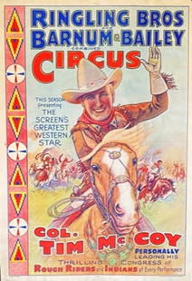 RINGLING BROS. & BARNUM & BAILEY CIRCUS POSTER: ERIE LITHO, 1937. FEATURING COL. TIM MCCOY. HALF SHEET, CHARTEX.