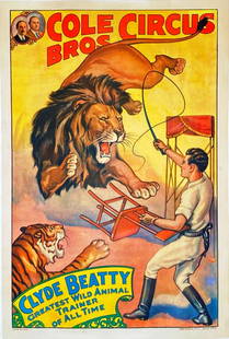 COLE BROS. CIRCUS POSTER: ERIE LITHO, 1935. FEATURING CLYDE BEATTY. HALF SHEET. LINEN BACKED, EXCELLENT.
