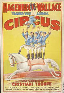 HAGENBECK-WALLACE CIRCUS POSTER: ERIE LITHO, C.1940'S. FEATURING THE CELEBRAGTED CRISTIANI TROUPE. ONE SHEET, FOLDS, CHIPPING, TAPE REPAIRS, STAINING, TEARS AT FOLDS.