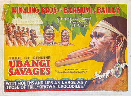 RINGLING BROS. & BARNUM & BAILEY CIRCUS POSTER: CENTRAL PRINTING, 1931. FEATURING TRIBE OF UBANGI SAVAGES. HALF SHEET, CHARTEX, REPAIRS, DATE STAMPS IN BORDER.