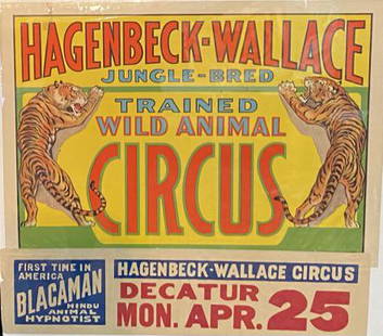 HAGENBECK-WALLACE CIRCUS POSTER: FEATURING BLACAMAN, 1938. DATE TAIL FOR DECATUR, APR. 25. HALF SHEET. MINOR LOSS AT BORDER, TAPE REPAIR. HAS NOT BEEN EXAMINED OUTSIDE OF WRAPPED MOUNT.