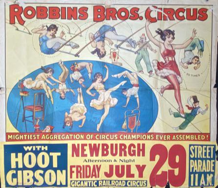 ROBBINS BROS. CIRCUS POSTER: ONE SHEET WITH DATE TAIL, FEATURING HOOT GIBSON. FOLDS, TEARS AND LOSS.