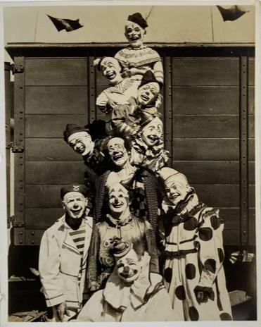 H.A. ATWELL (1879-1957) CIRCUS PHOTOGRAPH: ATWELL SHOT OF "CLOWN TOTEM", RBBB. RUBBER STAMP ON VERSO. 8"X10"