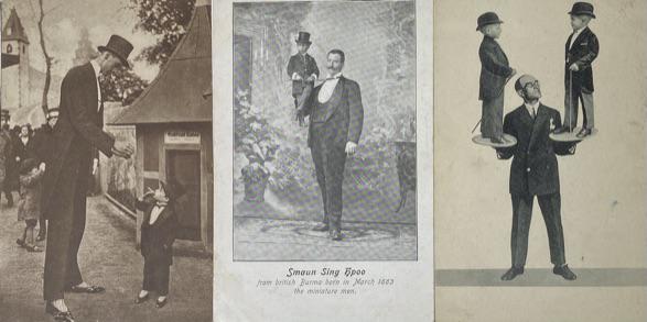 THREE GIANT AND TINY MAN POSTCARDS (1 of 2)