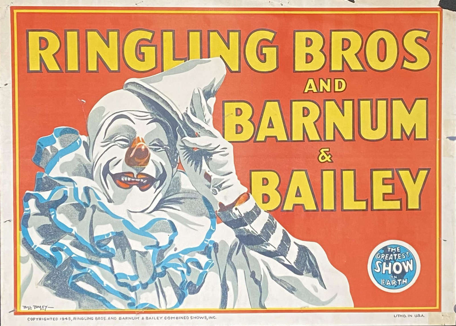 RINGLING BROS. & BARNUM & BAILEY CIRCUS POSTER: BILL BAILEY, 1945. HALF SHEET, LOSS AT CORNER, BORDER.