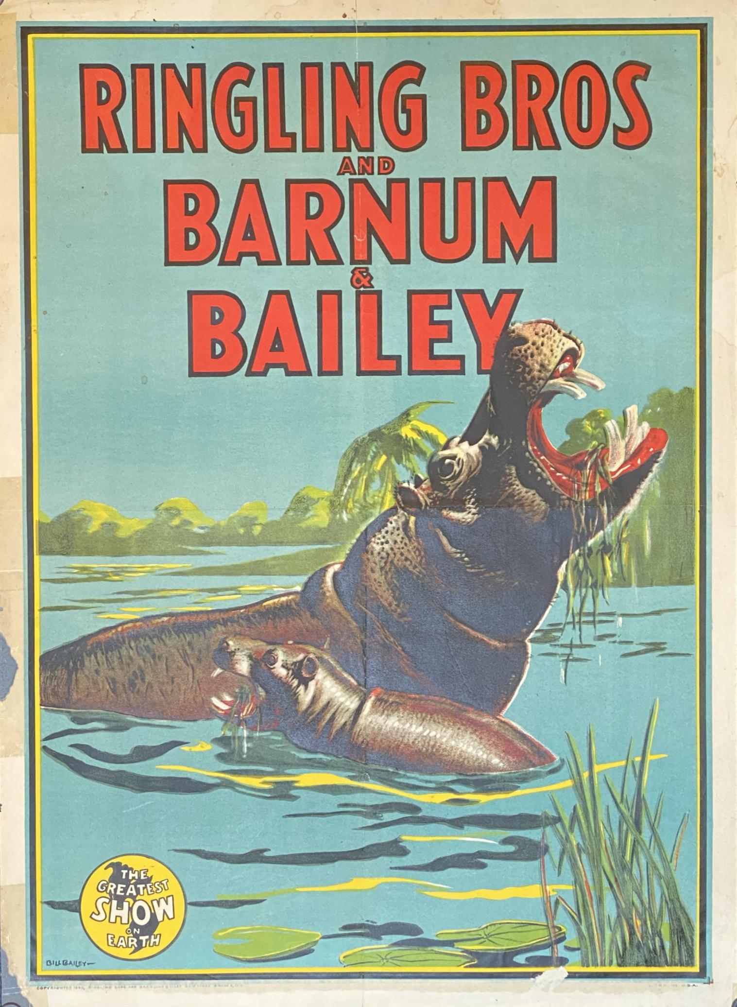 RINGLING BROS. & BARNUM & BAILEY CIRCUS POSTER: BILL BAILEY, 1943. HALF SHEET FEATURING HIPPO. LOSS AT BORDER