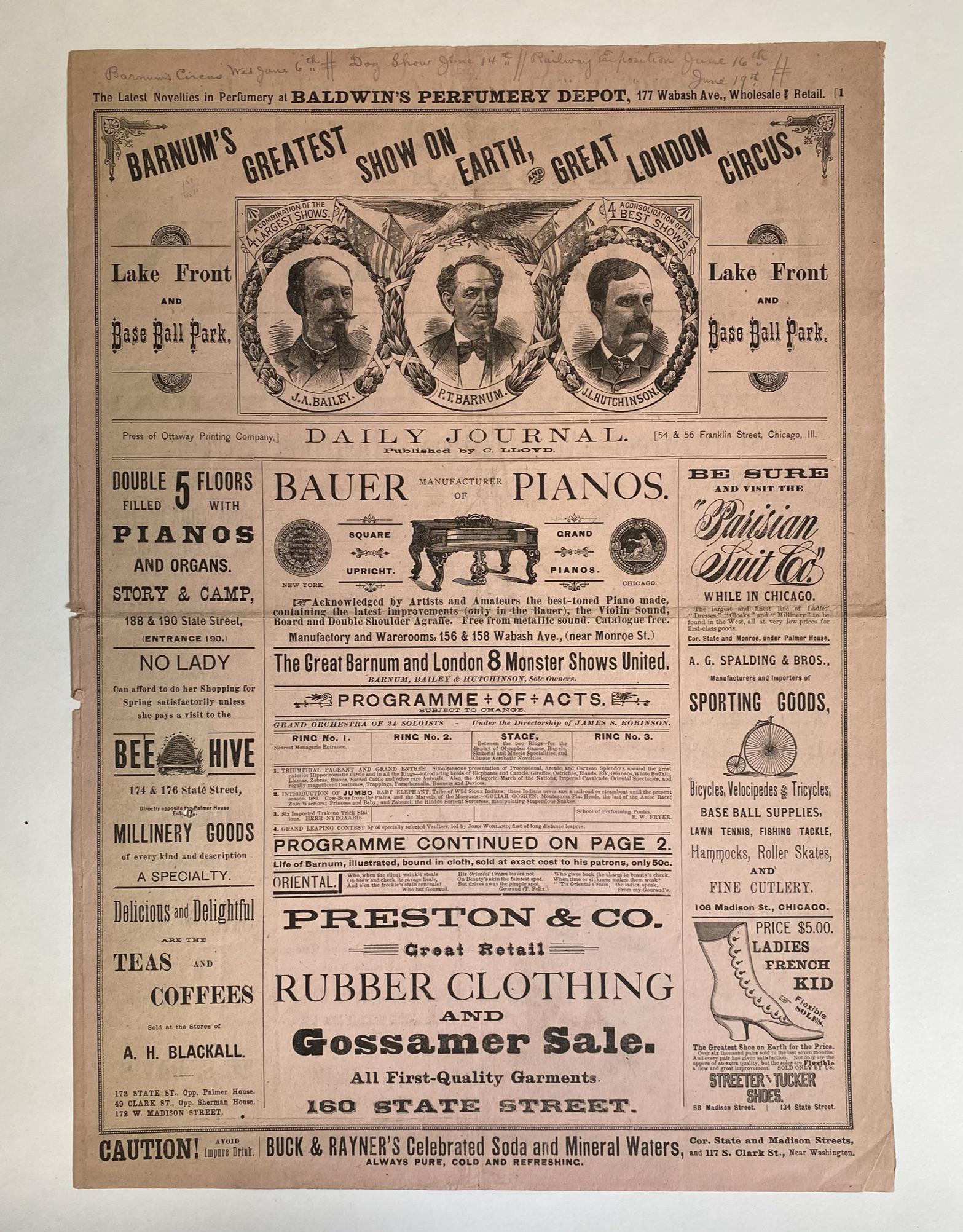 BARNUM & BAILEY NEWSPAPER ADVERTISEMENT: 4 PAGE LITERATURE WITH ADVERTISEMENTS FOR THE SHOW, JUMBO. 13.5"X19"