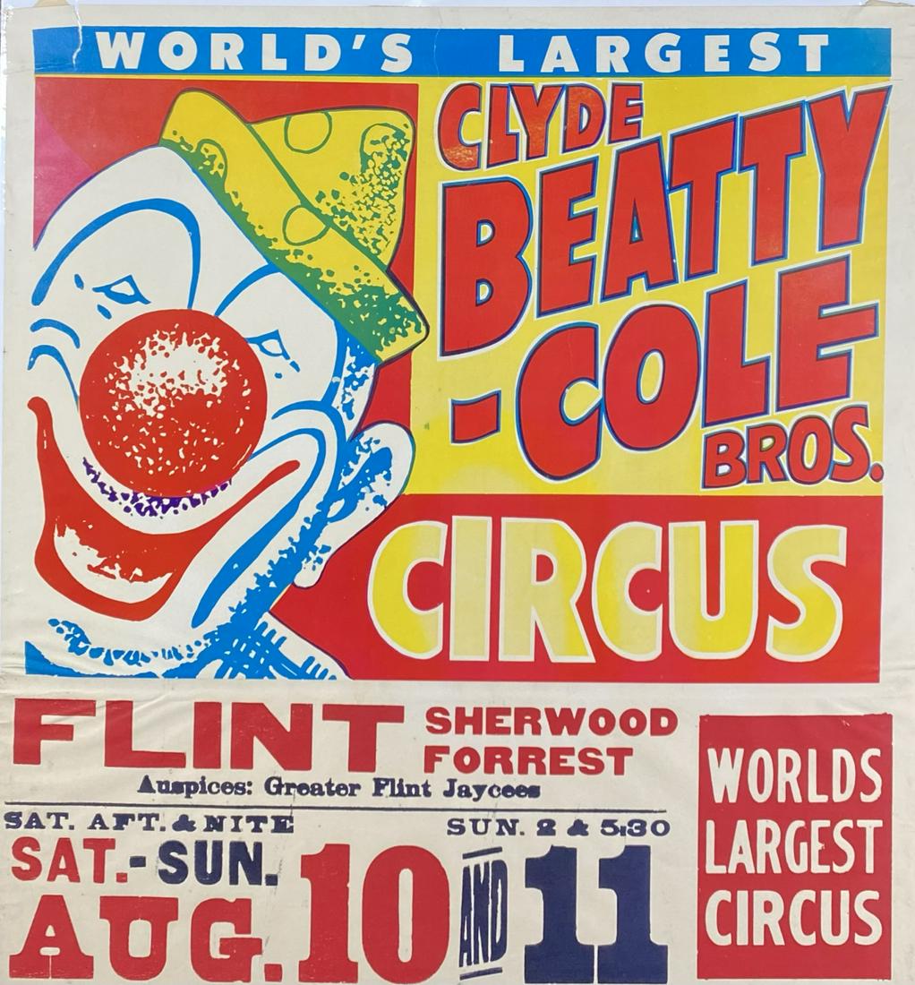 CLYDE BEATTY-COLE BROS. CIRCUS POSTER: HALF SHEET WITH DATE TAIL FOR FLINT