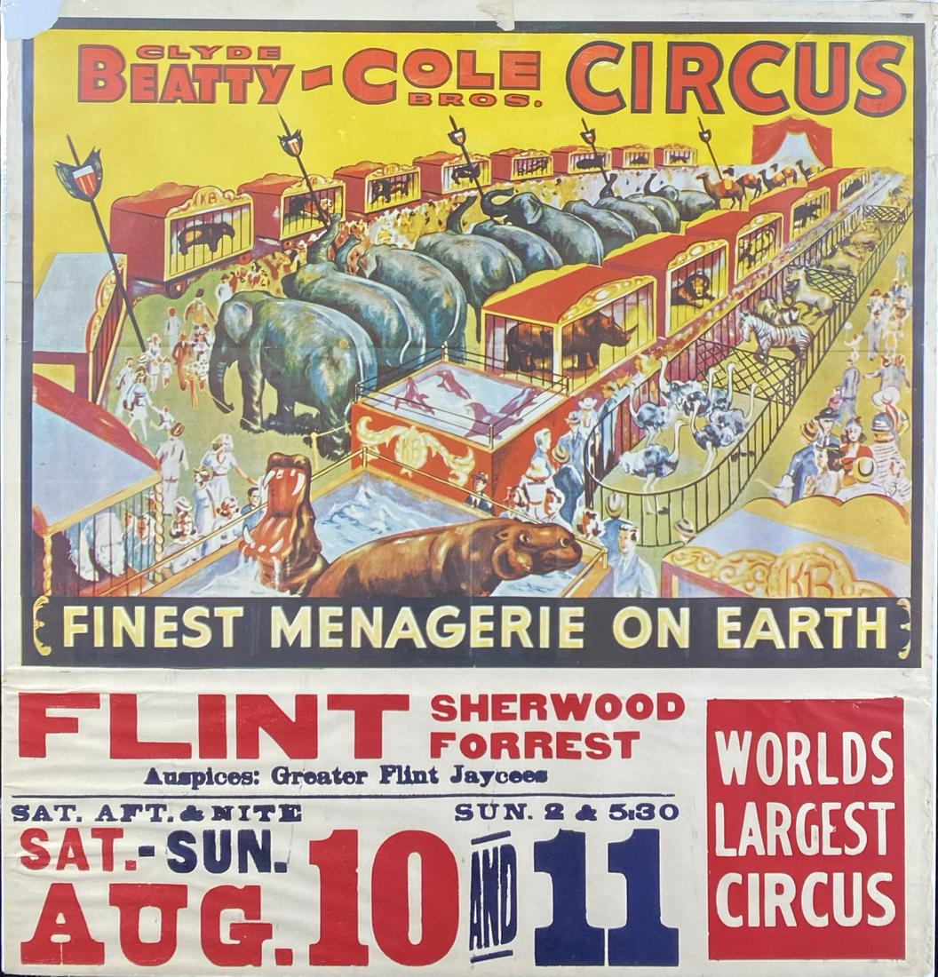 CLYDE BEATTY-COLE BROS. CIRCUS POSTER: HALF SHEET WITH DATE TAIL FOR FLINT