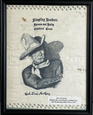 RBBB CIRCUS TIM MCCOY SOUVENIR HANDKERCHIEF: FRAMED BUT CAN BE REMOVED FOR SHIPPING