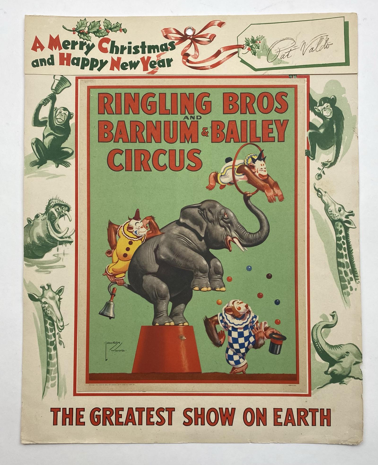 1945 RBBB HOLIDAY CALENDAR: LAWSON WOOD DESIGN, PAT VALDO STAMP, FLIP FRONT REVEALS CALENDAR FOR 1945.