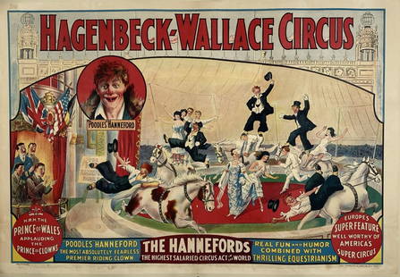 HAGENBECK-WALLACE CIRCUS POSTER: ERIE LITHO, 1930'S. ONE SHEET FEATURING THE HANNEFORDS, THE HIGHEST SALARIED CIRCUS ACT IN THE WORLD. LINEN BACKED, PROFESSIONALLY CONSERVED.