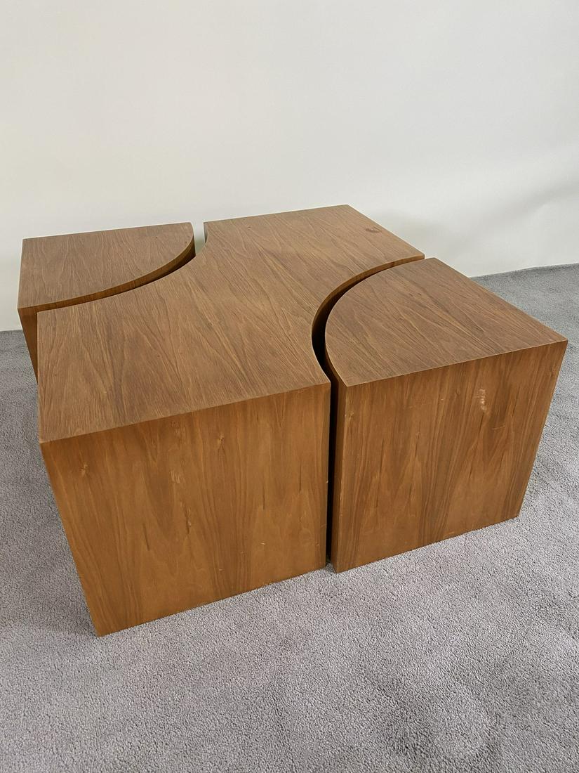 MODULAR COCKTAIL TABLE: THREE PIECE UNIT CAN BE CONFIGURED TO ONE'S LIKING. WEAR CONSISTENT WITH AGE AND USE. 36"X36"X18"