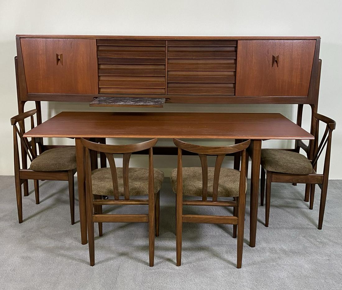 ELLIOTS OF NEWBURY DINING SUITE: UNIQUE ELEVATED SERVER WITH TUCK-A-WAY DROP LEAF TABLE AND 6 CHAIRS. GOOD VINTAGE CONDITION. 65.5"X32."X28" (TABLE). 87"X17.5"X50" (CABINET).