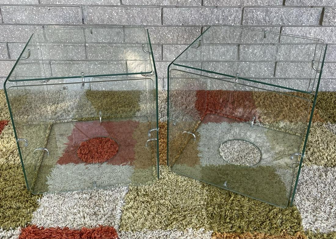 GERALD MCCABE GLASS CUBE SIDE TABLES: GLASS AND CHROME CUBES, C.1963. 19"X19"X19"