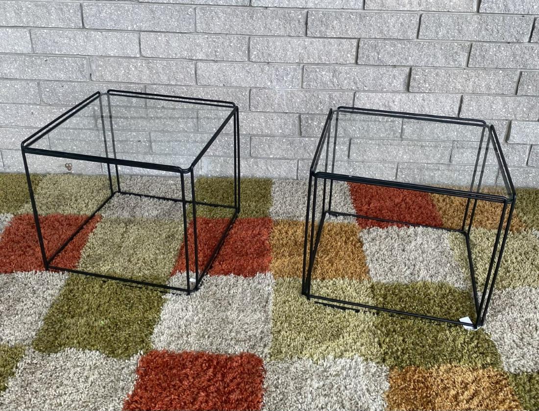 1960 MAX SAUZE ISOCELE CUBE SIDE TABLES: EBONIZED IRON STRUCTURE WITH INSET GLASS. 18"X19"X20"