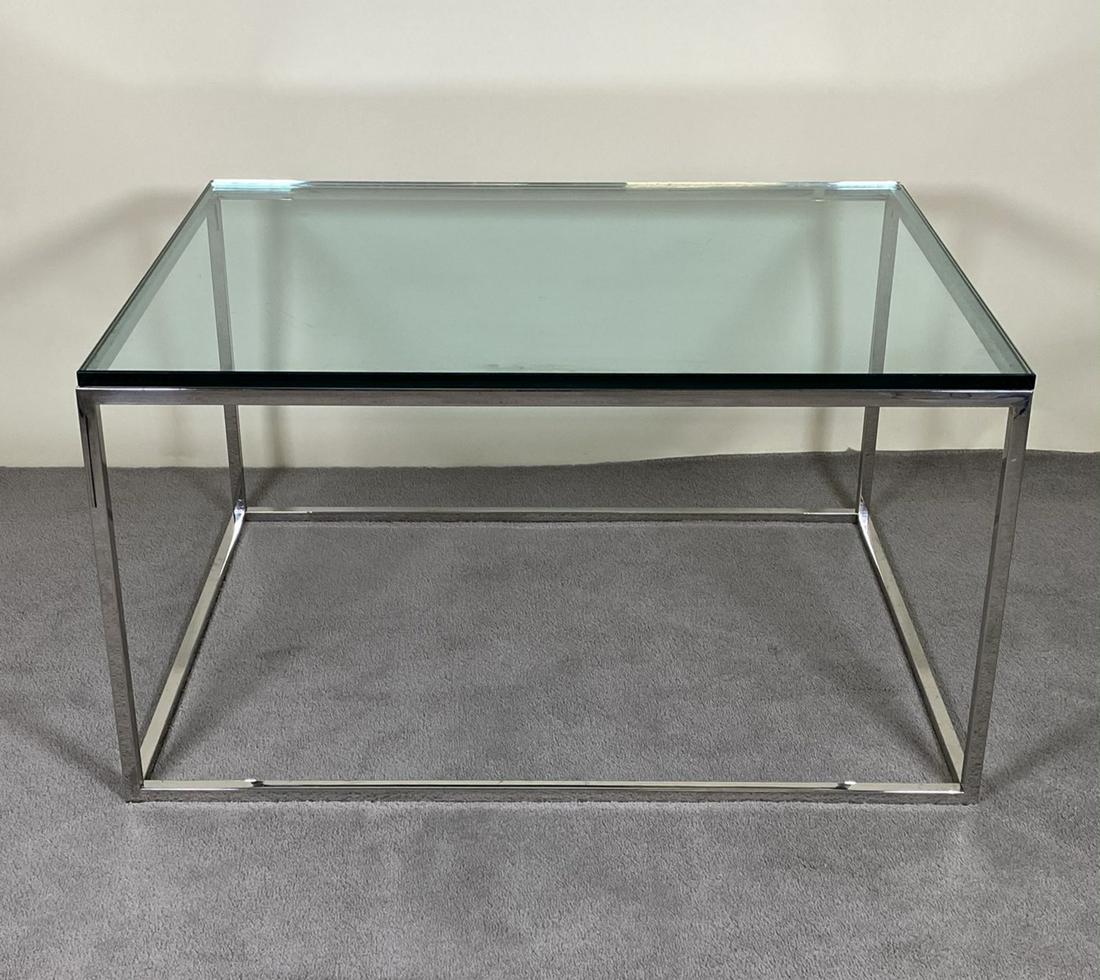 MILO BAUGHMAN (ATTR.) COFFEE TABLE: CHROME AND GLASS. CHIP IN GLASS. 40"X30"X22"