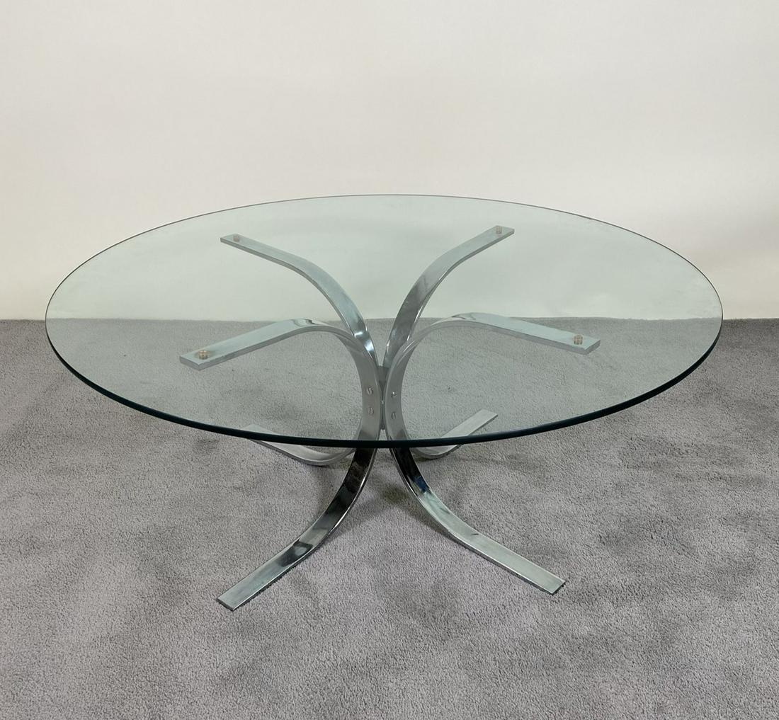 SIGURD RESSELL FOR VANCE MOBLE FALCON TABLE: CHROME (SPOTTING) WITH GLASS TOP.