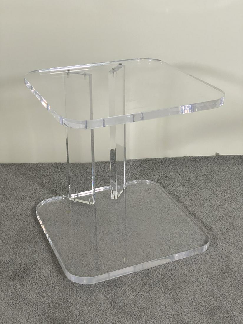 MILO BAUGHMAN LUCITE SIDE TABLE: LIGHT SUPERFICIAL WEAR. 20"X20"X21"