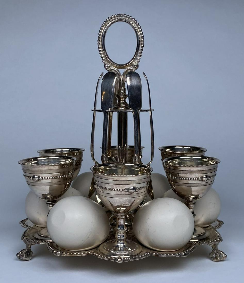 VICTORIAN SP EGG CRUET SET - SERVER: W.L. LAWSON/WALKER & HALL, 6 EGG CUPS, SPOONS ANN STAND