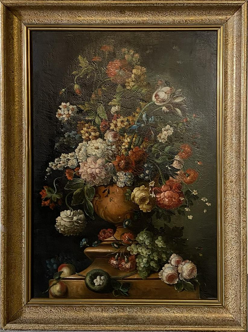 AFTER JAN VAN HUYSUM (DUTCH, B1641) PAINTING: UNSIGNED DUTCH SCHOOL OIL PAINTING AFTER "FLOWERS IN A TERRA COTTA VASE" ON CANVAS. ORIGINAL IN THE COLLECTION OF THE NATIONAL GALLERY OF LONDON. FRAMED, 34.5"X46"
