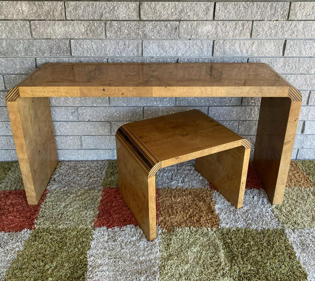 PAIR - HENDREDON SCENE 2 WATERFALL TABLES: INCLUDES OLIVE BURL CONSOLE AND SIDE TABLE. CONSOLE IS 53"X16"X27". SIDE IS 21.5"X16"X17"