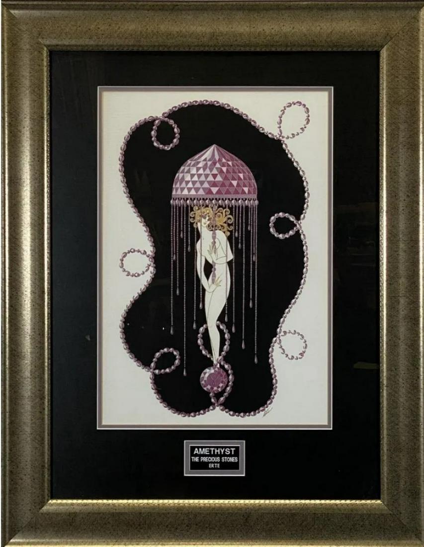 ERTE PRECIOUS STONES SERIES SERIGRAPH: ROMAIN DE TURNOFF (RUSSIAN-FRENCH, 1892-1990). CUSTOM FRAME, SIGNED. "AMETHYST". 25.5"X32.5"