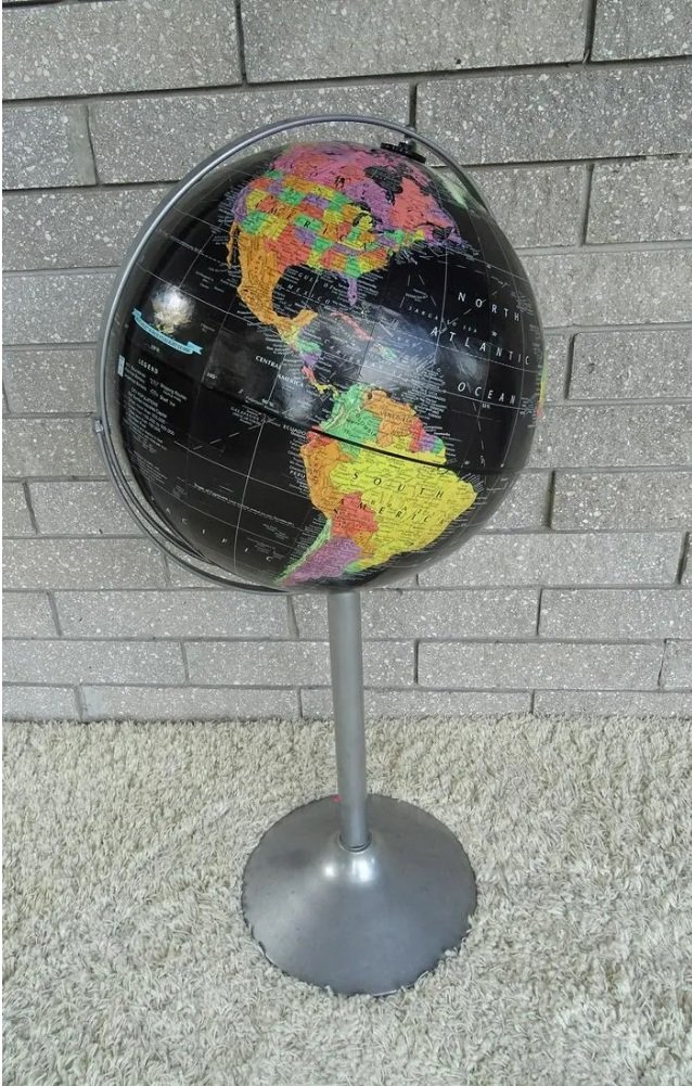 VINTAGE REPLOGLE GLOBE ON STAND: 16" GLOBE ON 37" STAND