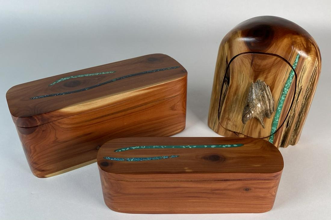 DOUGLASS GLASSCOCK RED CEDAR BOXES: HAVING TURQUOISE INLAY. HEIGHTS ARE 2.5" AND 3.5"