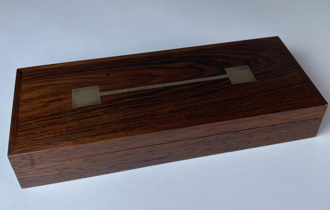 HANS HANSEN ROSEWOOD BOX: STERLING SILVER ACCENTED LID. 8"X3"X1.5"