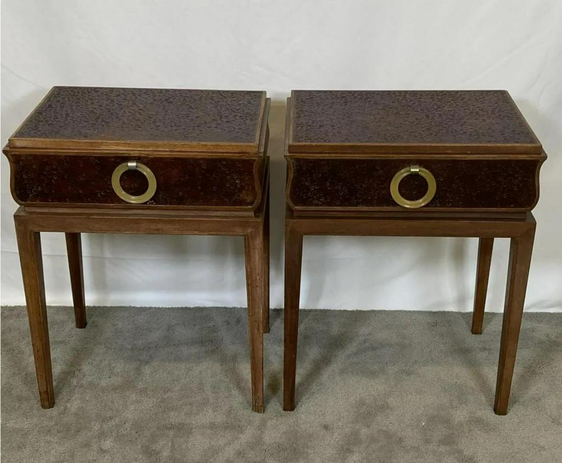 DOROTHY DRAPER STYLE SIDE TABLES: EACH HAVING A SINGLER DRAWER WITH ACRYLIC PULL, TOOLED LEATHER TOP AND DRAWER FACE. LIGHT WEAR IN SOME PLACES. GOOD VINTAGE CONDITION. 20.5"X24"X27.5"